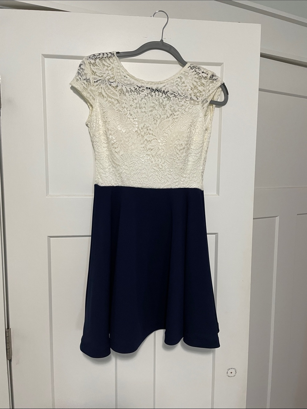 B Darlin Navy and Cream Lace Fit & Flare Party Dress